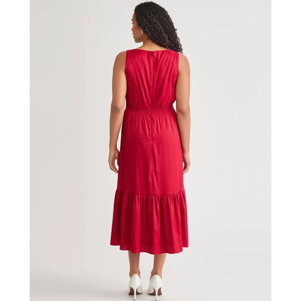 Kasper Women Crimson Red Satin Tiered Sleeveless Boat Neck Midi Dress Size L - Picture 4 of 5